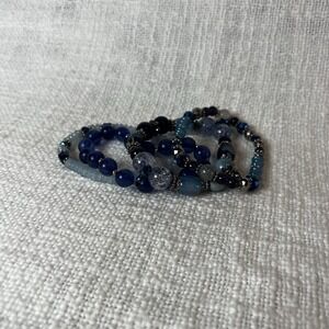 4-Piece Luxe Gemstone Bead Stretch Bracelet Set‎ Stackable Navy Blue Gray Boho